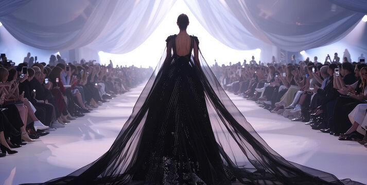 A model in a black dress with a cape made of sheer fabric on the runway