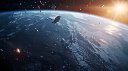 Obraz premium Debris Orbiting the Earth in Outer Space Amid Celestial Backdrop