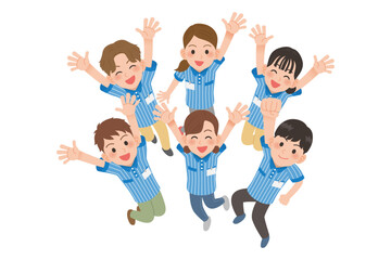 ジャンプしているコンビニ店員