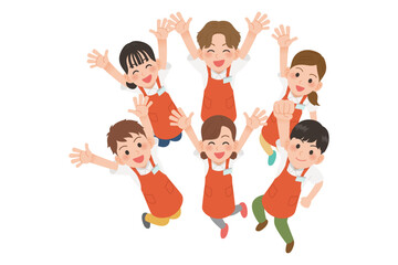 ジャンプしているレジ店員