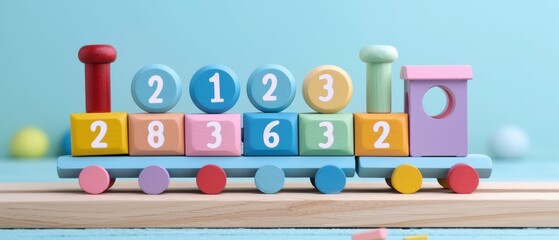 Realistic wooden toy train with numbered blocks, pastel blue backdrop, early learning for babies and toddlers, counting education, high-quality craftsmanship, engaging and colorful