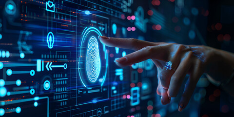 Conceptual illustration of a human hand interacting with a digital fingerprint scanner on a holographic interface, symbolizing biometric security and the fusion of human touch with advanced technology