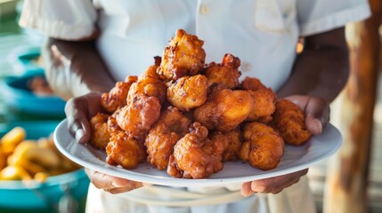 A chef holding up a plate of conch fritters a delicacy commonly found in Caribbean coastal regions.
