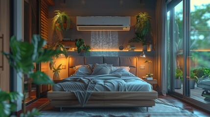 Modern bedroom with air conditioner on top of bed with cool blue mist floating