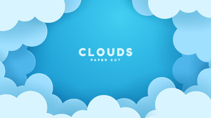 Beautiful fluffy clouds against a blue sky background. Paper cut style. Space for text. Banner header for a summer day.