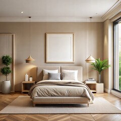 modern big frame on the wall  in the bedroom beige details