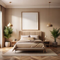 modern big frame on the wall  in the bedroom beige details