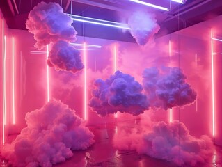Surreal installation of fluffy clouds with pink and purple lighting, creating a dreamlike atmosphere.
