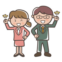 ガッツポーズでやる気満々の若い男女会社員の全身イラスト