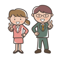 笑顔でピースをする若い男女会社員の全身イラスト