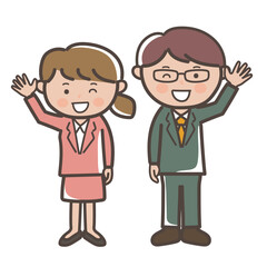 笑顔で挨拶する若い男女会社員の全身イラスト