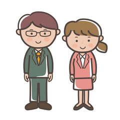 正面を向いて立つスーツ姿の若い男女会社員の全身イラスト