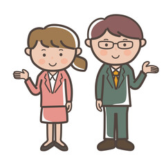 説明（案内、紹介）をするスーツ姿の若い男女会社員の全身イラスト
