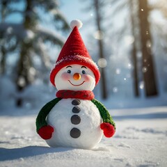 small snowmen cute funny in red santa hat and coat, Merry christmas and happy new year greeting