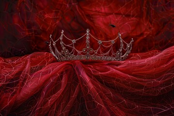 Obraz premium Dusty crown on red pillow with spider web, dark background, ample space for text placement