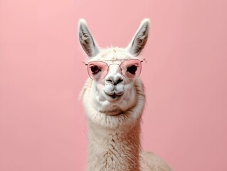 Obraz premium Humorous portrait of a llama wearing pink sunglasses, set against a pastel pink background.
