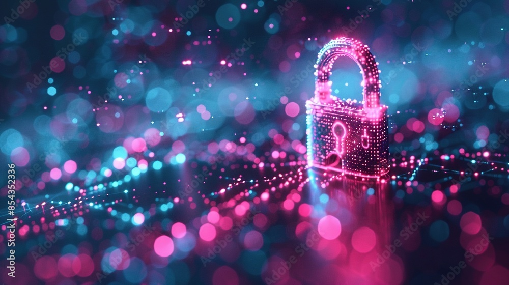 Poster digital image of the lock. the concept of aesthetic security. big data flow. modern data safety back
