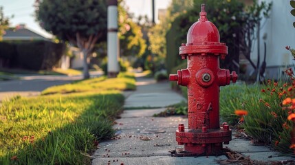 Vibrant red fire hydrant in a peaceful residential neighborhood, positioned on a small side street, clear sky above