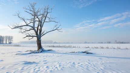Fototapeta premium Winter scene with a dead tree in the middle of a snowy field, stark and cold atmosphere, the raw beauty of nature