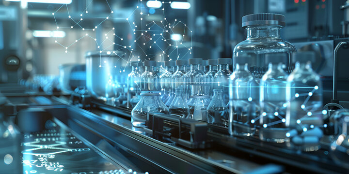 Crystal-clear depiction of a sterile pharmaceutical production line showcasing advanced technology and precision in a modern lab environment, emphasizing digital innovation and high-tech manufacturing