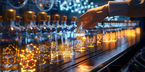 Glowing Molecular Structures in Bottles Handled by Scientist in Advanced Laboratory
