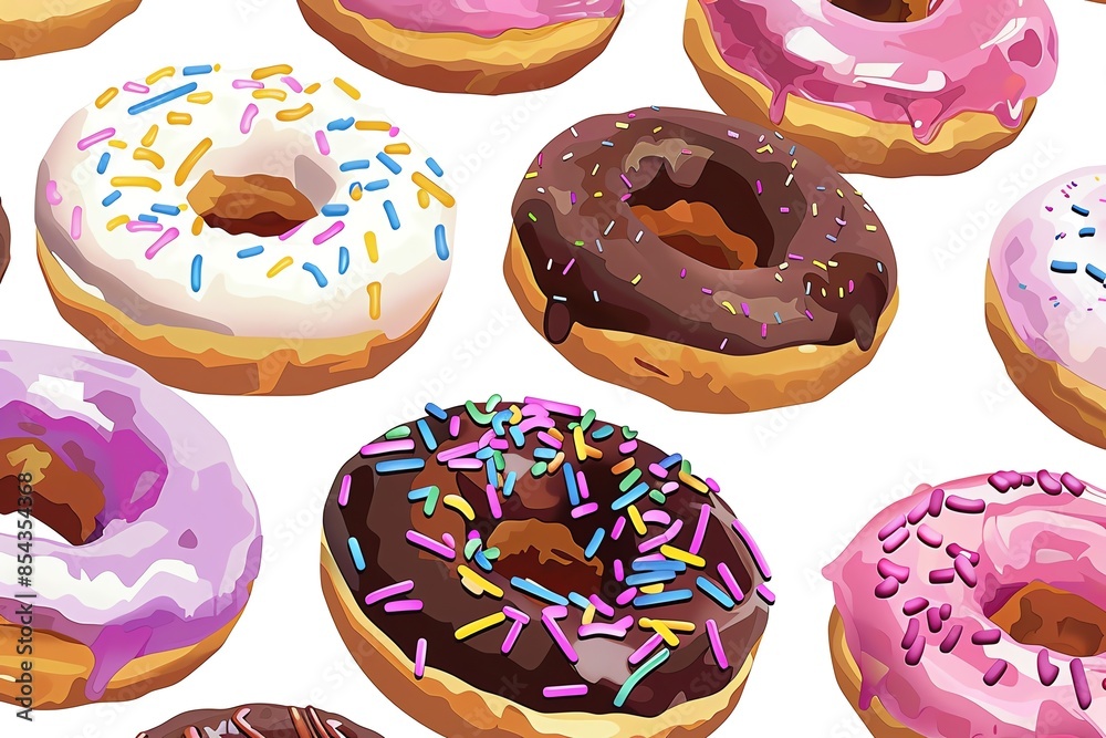 Wall mural A View of 32-bit Donuts, in a vector cartoon style, isolated white background