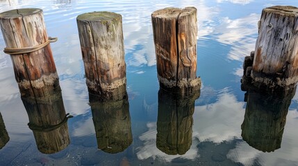 Rustic wooden dock pillars, weathered and aged, their reflections in the water adding depth and character