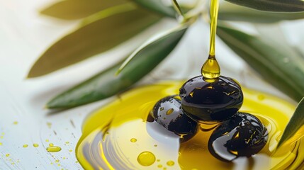 Single drop of olive oil containing an olive, olive oil bottle background, label visible. Bright isolated background, studio lighting