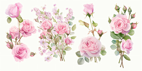 Watercolor illustration of pink roses, for wedding, love, and floral design