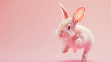 Obraz premium A white rabbit with pink ears jumping on a pink background, for Easter, pet, and photography