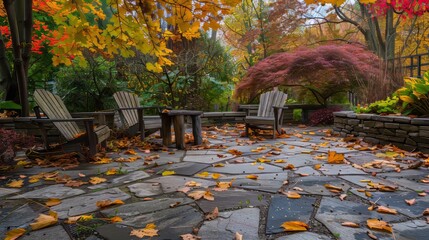 Stone patio with aged wooden chairs, blanketed by colorful autumn leaves, cozy and nostalgic scene