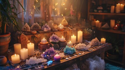 Therapy room for crystal healing, mystical altar with various energy crystals, esoteric and calming environment