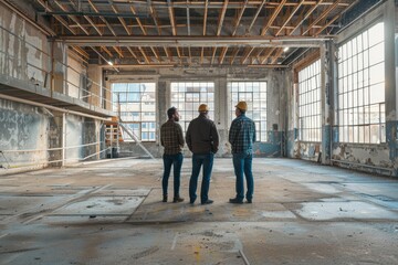 Professionals meeting with a construction manager in an empty loft room