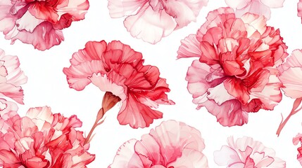 Watercolor seamless pattern with pink and red carnations on white background.