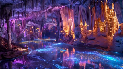 Obraz premium Enchanting Crystal Cave: Stalactites, Stalagmites, and Liquid Light Pools in a Psychedelic UV Black-Light Party