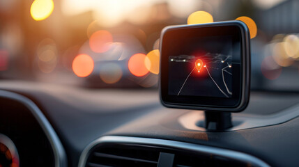 A rearview camera screen mounted in a car, displaying a red light ahead in traffic.