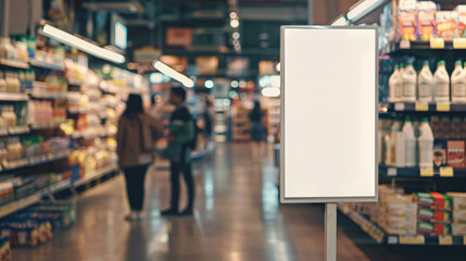 Blank white sign in a supermarket with copy space text, for advertisement, marketing, and retail