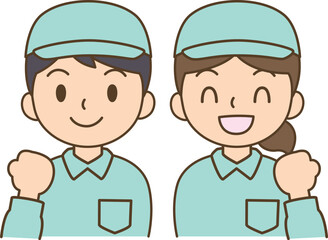 作業着のスタッフ　男女　ガッツポーズ