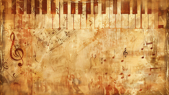 Vintage piano keys with musical notes and a treble clef, brown and white grunge texture, for music, art, and design