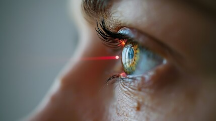 Close up of human eye with red laser beam, white background, space for text   laser eye surgery