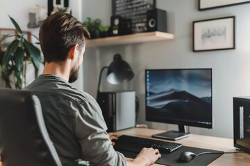 A person setting up a new computer in their home office. Setting Up