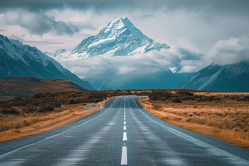A road with a mountain in the background