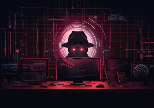 Illustration of spyware concept. Cyber security and cybercrime ideation art. 