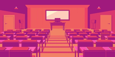 An empty classroom with chairs and a projector screen, ready for students to fill the space with knowledge.