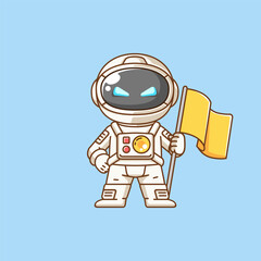 Cute astronaut holding flag kawaii chibi character mascot illustration outline style
