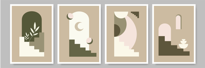 Modern Boho art style design abstract shapes landscape and neutral color covers collection poster
