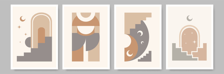 Modern Boho art style design abstract shapes landscape and neutral color covers collection poster