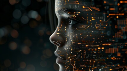 Profile View of AI Female Face with Circuitry and Digital Elements Representing Artificial Intelligence Against Black Background