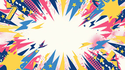 Fototapeta premium colorful comic abstract pop art background featuring a white starburst framed by dynamic thunder and stars.