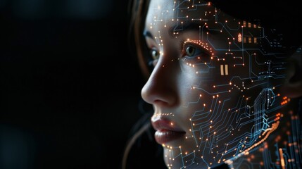 Profile View of AI Female Face with Circuitry and Digital Elements Representing Artificial Intelligence Against Black Background